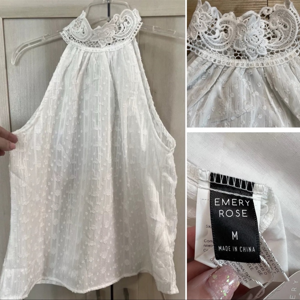 NWT -Emery Rose- Size Medium - White-Contrast Lace Keyhole Back Blouse
